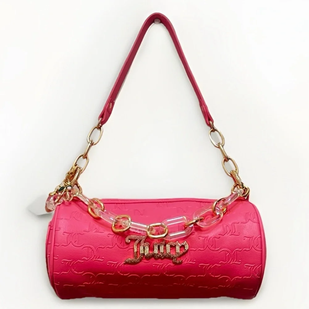 Juicy Couture Bling Bling Roll Barrel Designer Bag Hot Pink Rhinestone Logo Y2K